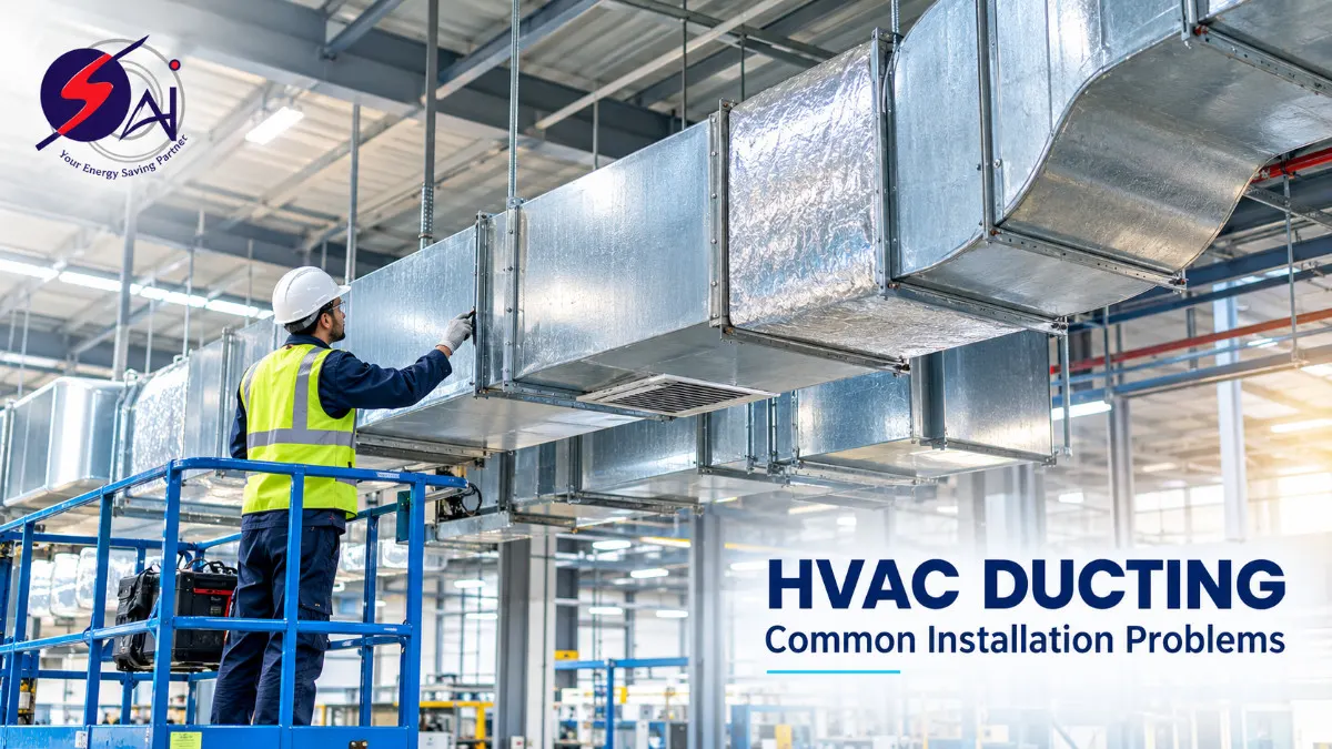 Industrial HVAC duct installation in a factory in Haryana, showing sheet metal ductwork and installation components.