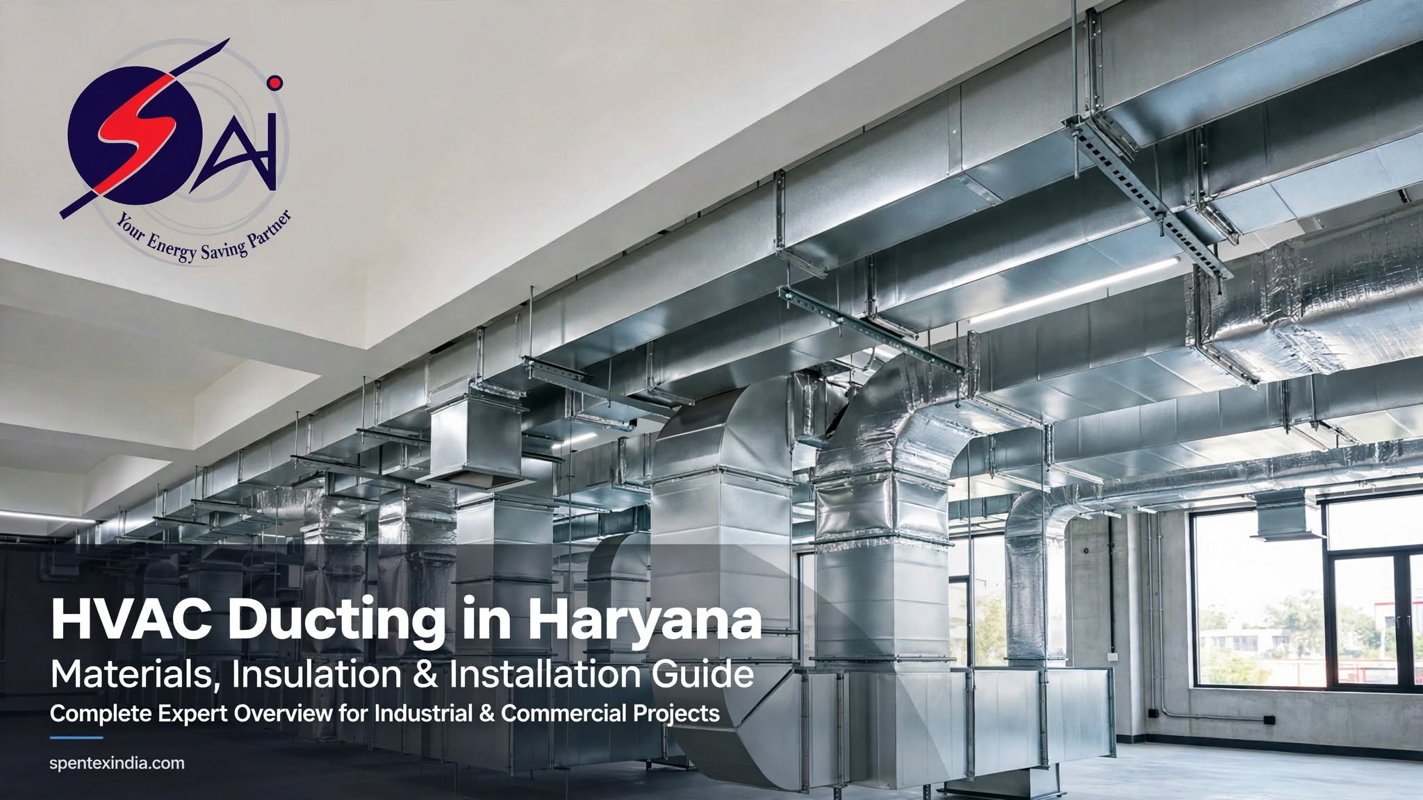 Industrial HVAC ductwork with insulated air ducts in a commercial or industrial building